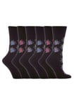 6 Pairs Ladies GG32 Gentle Grip Socks Size 4-8 Uk Black Flowers Design