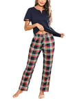 Irdcomps Pyjama Femme Coton Pyjamas Femme Été T-Shirt Manches Courtes Ensemble de Pyjama Femme Pantalon de Sleepwear à Carreaux Vêtements de Nuit Femme 2 Pièces Bleu Marine XXL