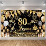 Seutgjie Banderole Joyeux Anniversaire 80 Ans 1945-2025, Décoration Anniversaire 80 Ans Toile de Fond Anniversaire Hommes/Femmes, Bannière Joyeux Anniversaire pour Fête, Or Noir 180 x 110 cm