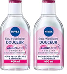 NIVEA Eau Micellaire DOUCEUR Peaux Sèches et Sensibles (1 x 400 ml), démaquillant enrichi aux micelles et acides animés sans parfum, nettoyant visage yeux & lèvres (Lot de 2)