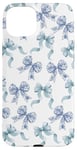 Coque pour iPhone 15 Plus Nœuds en toile bleue et blanche pour femme