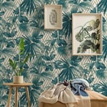 Grandeco Forage Teal Gold White Geometric Tropical Jungle Leaves Wallpaper