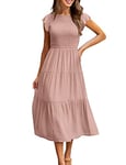 Yuson Girl Robe Longue Femme Ete Robe de Plage Boheme Casual Robe Maxi de Cocktail élégante Robe à Col Rond et à Manches Volantées élastique Taille Haute (Rose, M)