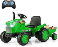 Tracteur Electrique Enfants 12V avec Remorque Amovible 3 Vitesses Télécommande Lumières LED Son Voiture Électrique Vert