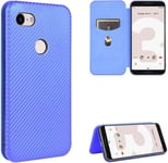 Compatible Avec Coque Google Pixel 3, Mince Flip Fibre De Carbone [Test De Chute] Antichoc Stand Fente Avec Carte, Protecteur D'écran En Verre Trempé*2-Bleu