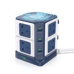 BESTEK Wireless Charging Power Strip Tower, 8 Outlets 1500 Joules Surge Protector 40W 6 Ports USB Charging Dock Station Extension Leads with Individual Switches Light-Sensitive Indicator Light (Blue)