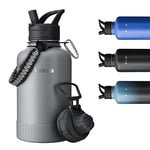 Exllena 2 Litre Stainless Steel Water Bottle, Double Insulated Water Bottles with Two Lids and Protective Silicone Boot, Paracord Handle Practical to Carry- Grey