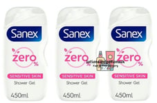 3 X Sanex ZERO% SENSITIVE SKIN Shower Gel Body Wash 450ml