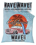 Rapport Duvet Cover Bedding Set-Retro California Surf Board on a Beach with Palm Tree & Vintage Car, Blue, Duck Egg, Double