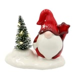 Dekohelden24 GNOME Lutin Blanc et Rouge avec étoile et Sapin LED, L/l/H 11 x 7,5 x 9,5 cm, 9 cm