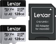 Silver Plus Lot de 2 Cartes Micro SD 128 Go,Vitesse de Lecture jusqu'à 205 Mo/s,Vitesse d'écriture 150 Mo/s,Carte mémoire Micro SD avec Adaptateur,UHS-I,A2,U3,V30,Classe 10,4K UHD(Q512)