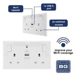 Double Wall Socket 2 Gang 2.1A USB A Port WiFi Extender 13A Matt White - BG