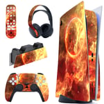 playvital Flaming Sun Full Set Skin Decal for ps5 Console Disc Edition,Sticker Vinyl Decal Cover for ps5 Controller & Charging Station & Headset & Media Remote