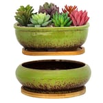 ARTKETTY Pots de Fleurs en céramique avec Plateau de Drainage en Bambou, 1 Pot de Fleurs rectangulaire + 1 Pot de Fleurs Rond pour intérieur (Vert)