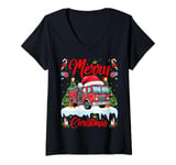 Womens Xmas Tree Lighting Santa Hat Fire Truck Christmas V-Neck T-Shirt