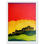 Wee Blue Coo Modern Edinburgh Castle Vibrant Rainbow Colour Sunset Scottish Cityscape Coral Yellow Green Blue Artwork Framed A3 Wall Art Print