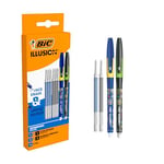 BIC Illusion Stylos-Bille Effaçables et Rechargeables à Pointe Moyenne (0,7 mm) et Recharges - Bleu et Noir, Boîte de 2 Stylos + 6 Recharges