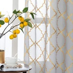 Kotile Grey Voile Curtains 46 X 54 Drop - Metallic Gold Foil Moroccan Tile Print