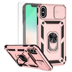 Teayoha for iPhone Xs Max Phone Case, with Screen Protectors and Camera Cover, Military Grade Shockproof Cover with Magnetic Rotatable Ring Kickstand Protective Case for iPhone Xs Max,Rose Gold