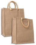 IPEA 2x Sac Toile Jute Naturel avec Poignées en Bois pour Shopping, Dépenser et Temps Libre - 2 Pièces - Shopper Jute Véritable - Sac Cabas pour Soirée, Mer, Plage - Design Rétro Elégant - 35 x 30 cm