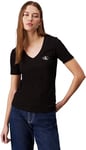 Calvin Klein Jeans T-Shirt Manches Courtes Femme Woven Label Rib V-Neck Col en V, Noir (CK Black), XXS