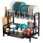 romision Dish Drainer Rack, Stainless Steel Dish Drainer for Kitchen Counter, Black Dish Rack with Drip Tray, Multifunctional Draining Board Rack with Swivel Spout for Kitchen Counter