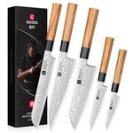 XINZUO 5 Pièces Couteaux de Cuisine Acier Damas Set Couteau de Chef, Forgés Professionnels Lot de Couteau de Damas Lames Bien Tranchantes-Chef Santoku Pain Universel Fruits-Poignée en Bois d'Olivier