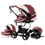 3 en 1 Poussette Combinée Poussette Canne Poussette Citadine Landau Poussette Système de Voyage pour Bébé Poussette Paysage Haute pour Bébé Inclinable Pliable Poussette Standard (518 Red)