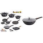 Kamberg - 0008163 - Set Lot Batterie de cuisine 24 pièces & 0008057 - Wok 30 cm - Manche Amovible - Fonte d'Aluminium - Revêtement pierre - Couvercle en verre - Tous feux dont induction - Sans PFOA