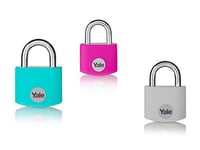 Yale YE3B/25/112/1 - Cadenas aluminium 25 mm, anse acier, coleurs aleatoire : gris, rose, turquoise, 3 clés - Pour casier, boîte à outils, sac..., 25mm