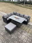 Rattan Corner Sofa Set Gas Firepit Dining Table Set Patio Heater Burner With Big Footstool Dark Grey