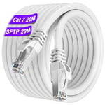 Cable Ethernet 20m, Cable RJ45 Cat 7 Blindé Haute Vitesse 10Gbit/s 600MHz S/FTP Cable Reseau Blanc Gigabit Extérieur Imperméable Cable LAN Cable Internet pour Routeur Switch Modem