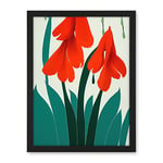 Wee Blue Coo Modern Abstract Crimson Red Bloom Wild Flowers Teal Leaves on White Artwork Framed Wall Art Print 18X24 Inch