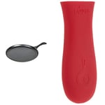 Lodge 26.67 cm / 10.5 inch Pre-Seasoned Cast Iron Round Griddle/Pancake Pan, Black & Classic Silicone Hot Handle Holder, Red