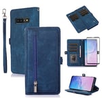 Asuwish Phone Case for Samsung Galaxy S10 Wallet Cover With Tempered Glass Screen Protector and Crossbody Wrist Strap Leather Flip Zipper Card Holder Stand Cell S 10 Edge 10S GS10 X10 Women Men Blue