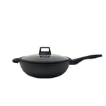 Avilia Wok Poêle antiadhésive avec couvercle et manique en silicone - Parfait pour la cuisine asiatique et la friture par immersion - Poêle à induction - 32 cm, noir