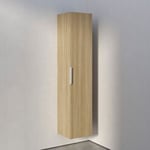 Armoire suspendue bois laqué, Colonne de salle de bain avec porte + poignée métal Chrome, 35x165x35cm, TIM, Chêne blanchi