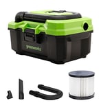 Greenworks Portable Cordless Vacuum Cleaner G24WDV (Li-Ion 24V, 2 Speed Settings, 2-Filter System for Wet and Dry use, 11 litres Capacity, 62 CFM, 7.5 kPa Without Battery and Charger)