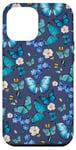 iPhone 14 Pro Max Blue Butterflies on Navy Blue with Floral Accents Case