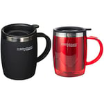 ThermoCafé by Thermos 105102 Desk Mug, Stainless Steel/Plastic, Soft Touch Black, 14 x 9 x 12 cm & Thermos Thermocafe Desk Mug - 450 ml, Red, 1 Count (Pack of 1)