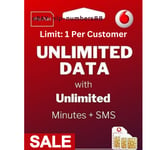 1x New Latest Vodafone Sim Card Unlimited Calls text Data UK Pay As You Go  PAYG