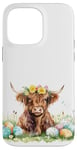 iPhone 14 Pro Max Highland Cow Spring Cute Easter Pattern Eggs Floral Flowers Case