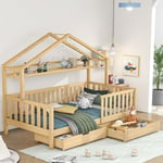 Lit cabane 90x200cm, avec 2 tiroirs, sommier à lattes en bois, forme de la maison, lit au sol, lit enfant - Marron