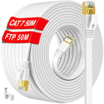 Cable Ethernet 50m, Cat 7 Cable RJ45 50m Câble Réseau Blindé, Plat Cable Internet Haut Débit 10Gbps 600MHz S/FTP, Blanc Cable LAN Extérieur Intérieur Imperméable Pour Routeur Modem PC (50 Clips)