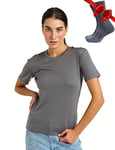 Merino.tech T Shirt Merinos Femme - Laine Merinos Chemise Femme + Chaussettes de randonnée en Laine mérinoss (Small, Perfect Grey Crewneck)