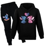 Kid Lilo & Stitch Hoodies Sweatshirt Byxor Set Pojke Flicka Casual Hooded träningsoverall Black 160cm