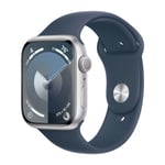 Apple Watch Series 9 GPS 45 mm sølv aluminium urkasse med Stormblå sportsrem - S/M