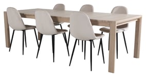 Venture Design Sleek Spisebord m. uttrekk med 6 Polar Stoler, Beige Velour