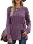 Aokosor Ladies Tops Long Sleeve Womens Lightweight Jumpers Button Front Slit Tunic Purple Size 22-24