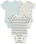 Amazon Essentials Body à Manches Courtes en Jersey, en Coton élastique (Anciennement Amazon Aware) Mixte Bébé, Lot de 3, Beige Lapin/Bleu Grisé/Bleu Marine Rayures, 0 Mois